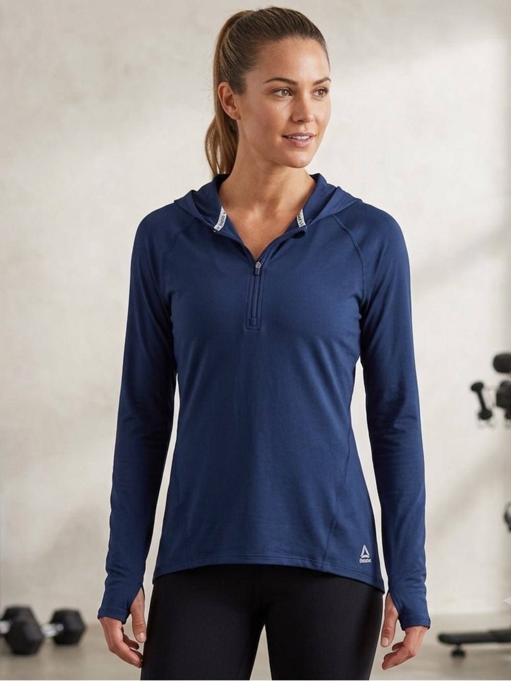 Reebok Women's Navy Blue Half-Zip Hooded Pullover Jacket, Athletic, Size Large
